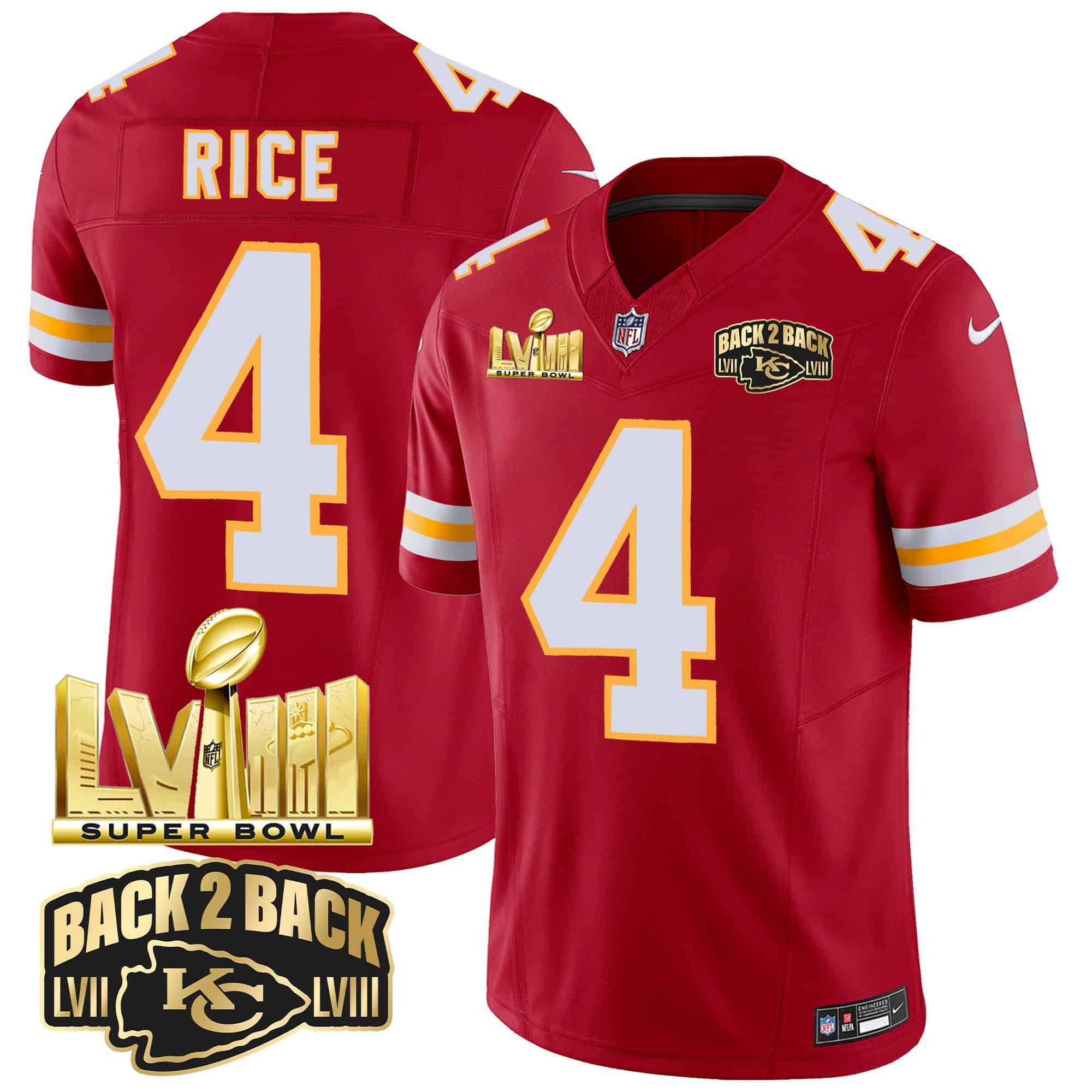 Men Kansas City Chiefs #4 Rice Red 2024 Nike Super Bowl LVIII & Back-2-Back Gold Patch Vapor NFL Jersey style 3->indianapolis colts->NFL Jersey